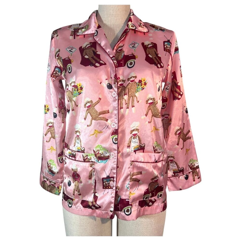 Nick & Nora Womens Pink Sock Monkey Pajama Top‎ Size Large bowling TV  Car Poly